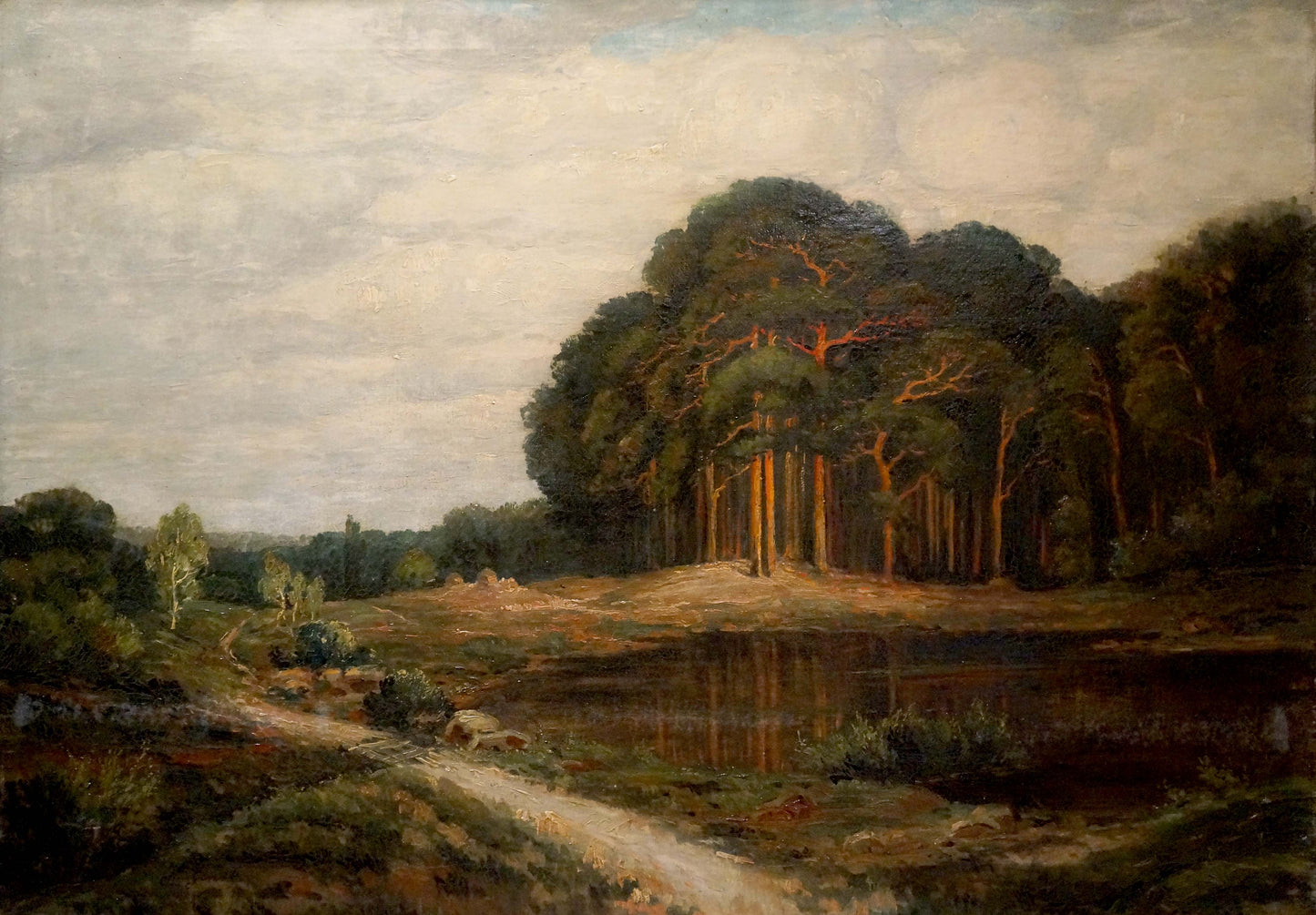 Oil painting Old forest: serene pond reflecting overcast sky amid evergreens