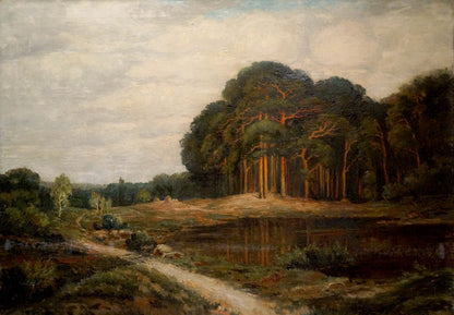 Oil painting Old forest: serene pond reflecting overcast sky amid evergreens