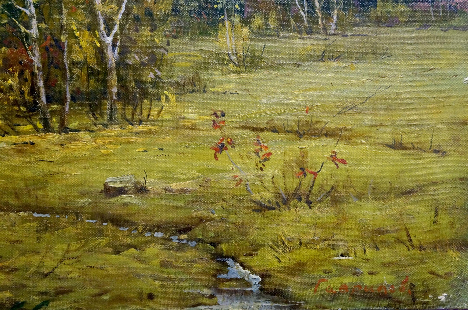Serene oil painting by V. Gavrilov: windy autumn meadow with birch trees, wildflowers, stream