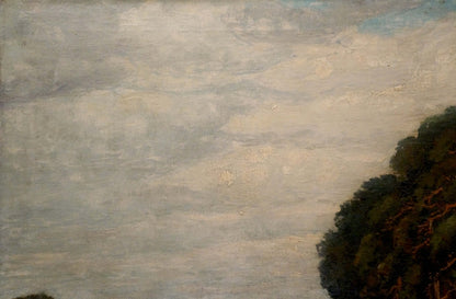 Oil painting Old forest: vast sky with gray clouds over dark green foliage