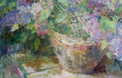 Oil painting of lilacs in woven basket by Naumova Tamara Sergeevna