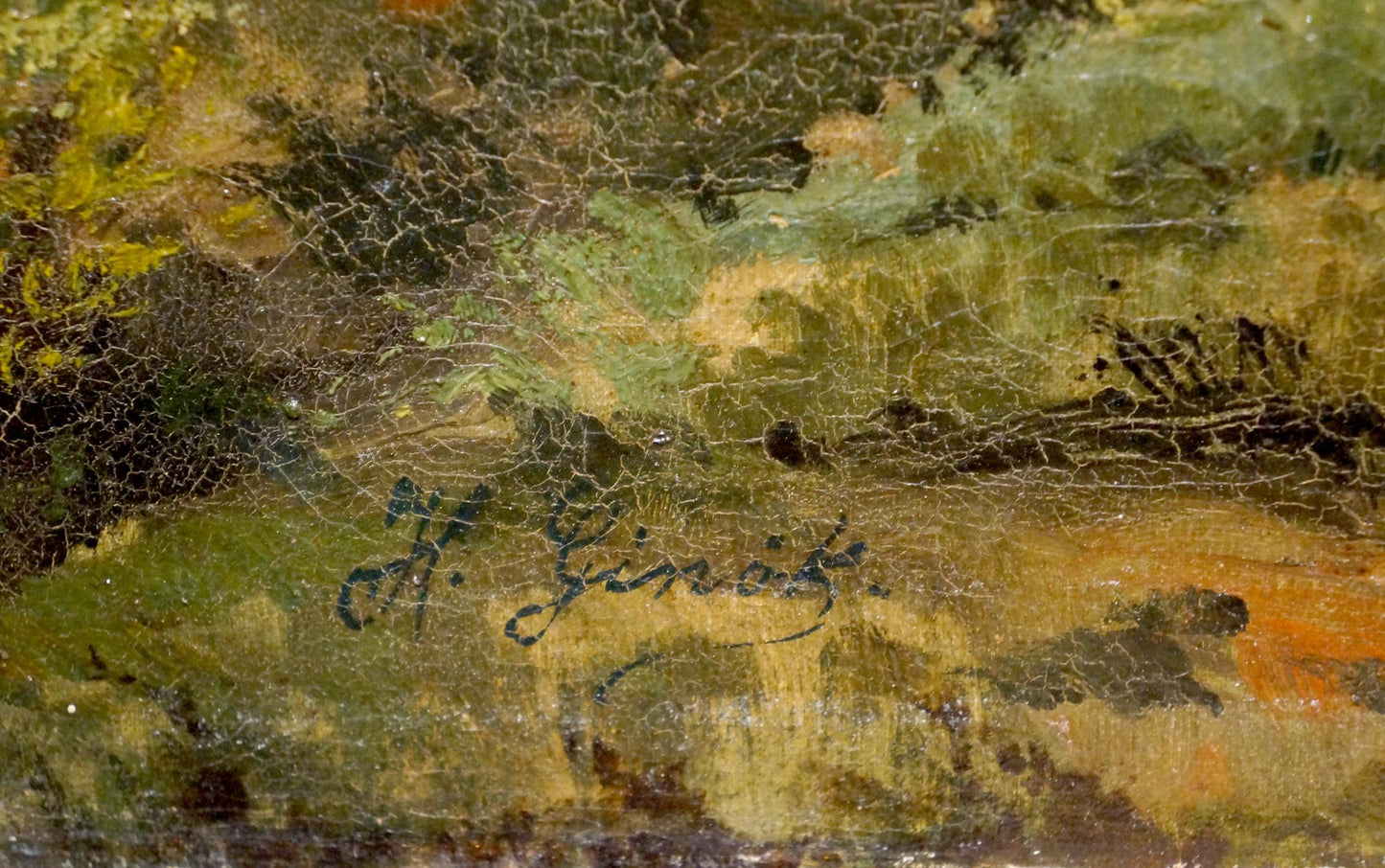 Back of Oil painting Old forest: cracked aged surface with ink signature on green ochre brushstrokes