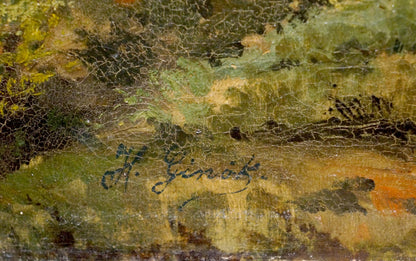 Back of Oil painting Old forest: cracked aged surface with ink signature on green ochre brushstrokes