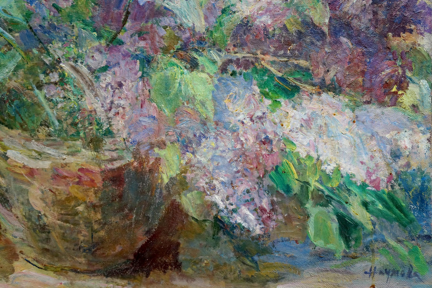 Vibrant impressionist oil painting of lilac bouquet in rustic bowl by Naumova Tamara Sergeevna