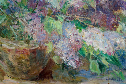 Vibrant impressionist oil painting of lilac bouquet in rustic bowl by Naumova Tamara Sergeevna