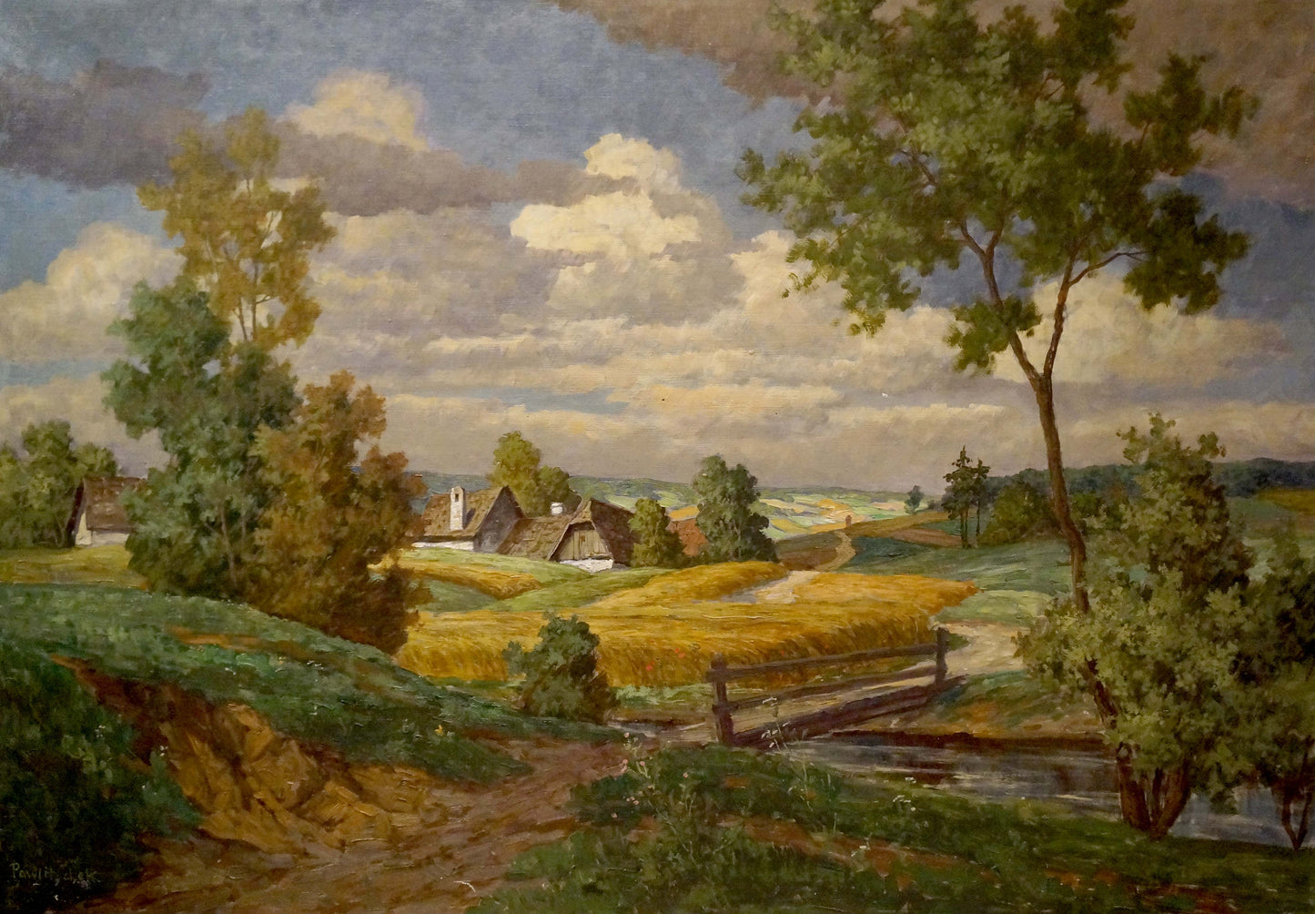 Oil painting of Pawlitschek village: serene green hills, golden fields, fences