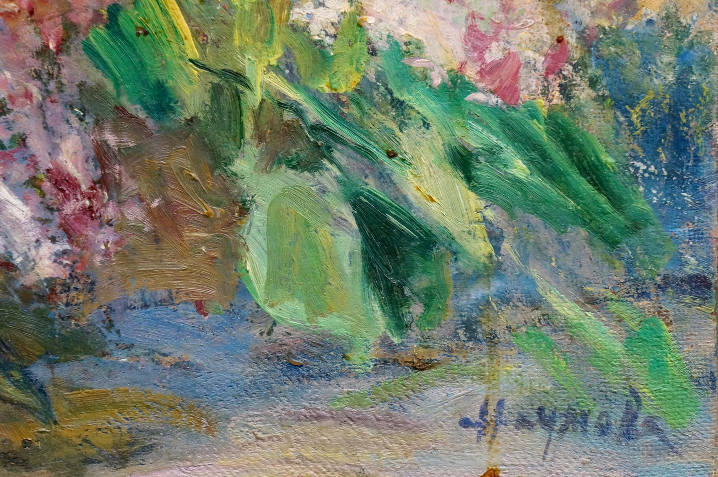 Vibrant impressionist oil painting Lilac in a basket by Naumova Tamara Sergeevna