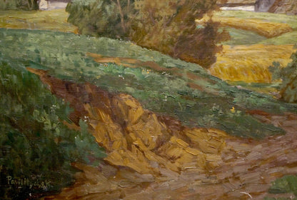 Oil painting of Pawlitschek village landscape with sunlit field in impasto