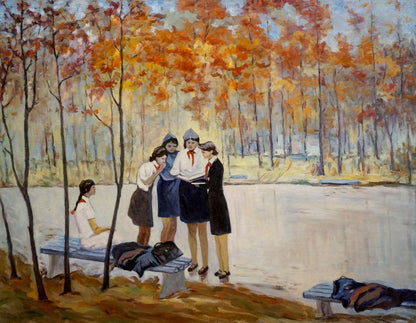 Oil painting In the park: 5 girls in school uniforms by autumn lake