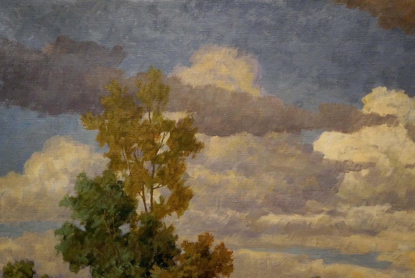 Oil painting of Pawlitschek village landscape with painted tree and cloudy sky