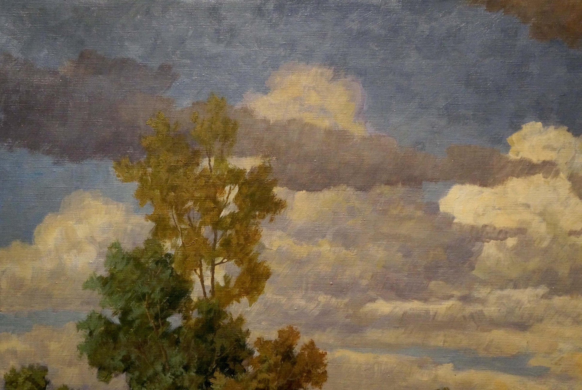 Oil painting of Pawlitschek village landscape with painted tree and cloudy sky