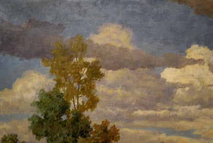 Oil painting of Pawlitschek village landscape with painted tree and cloudy sky