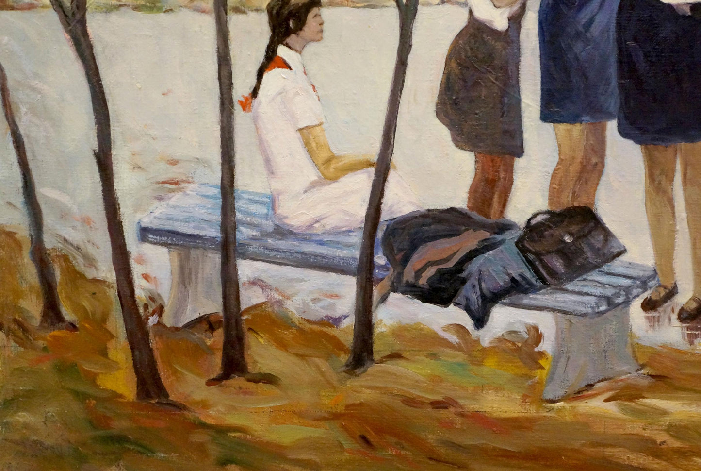 Oil painting In the park: blue wooden bench with black leather satchel
