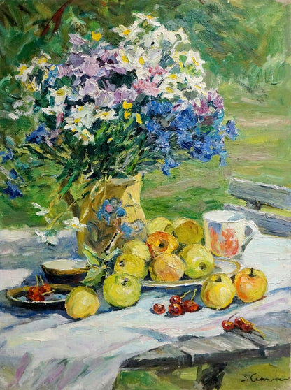 Oil painting by Sokolova Zinaida Ivanovna of vibrant wildflowers in yellow vase