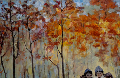 Oil painting In the park: autumn trees with vibrant orange and red leaves against soft sky