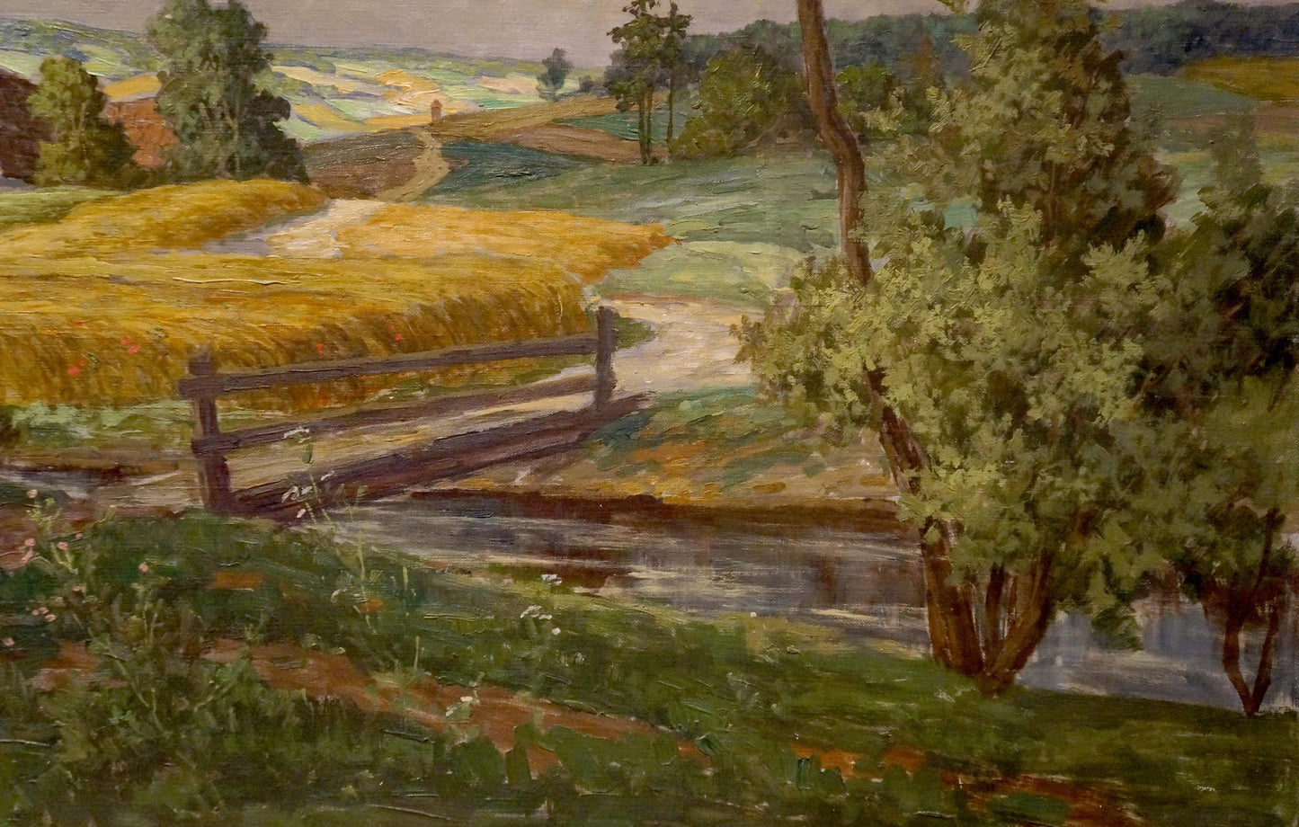Oil painting of rustic fence over stream in Pawlitschek village landscape