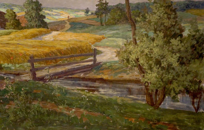 Oil painting of rustic fence over stream in Pawlitschek village landscape
