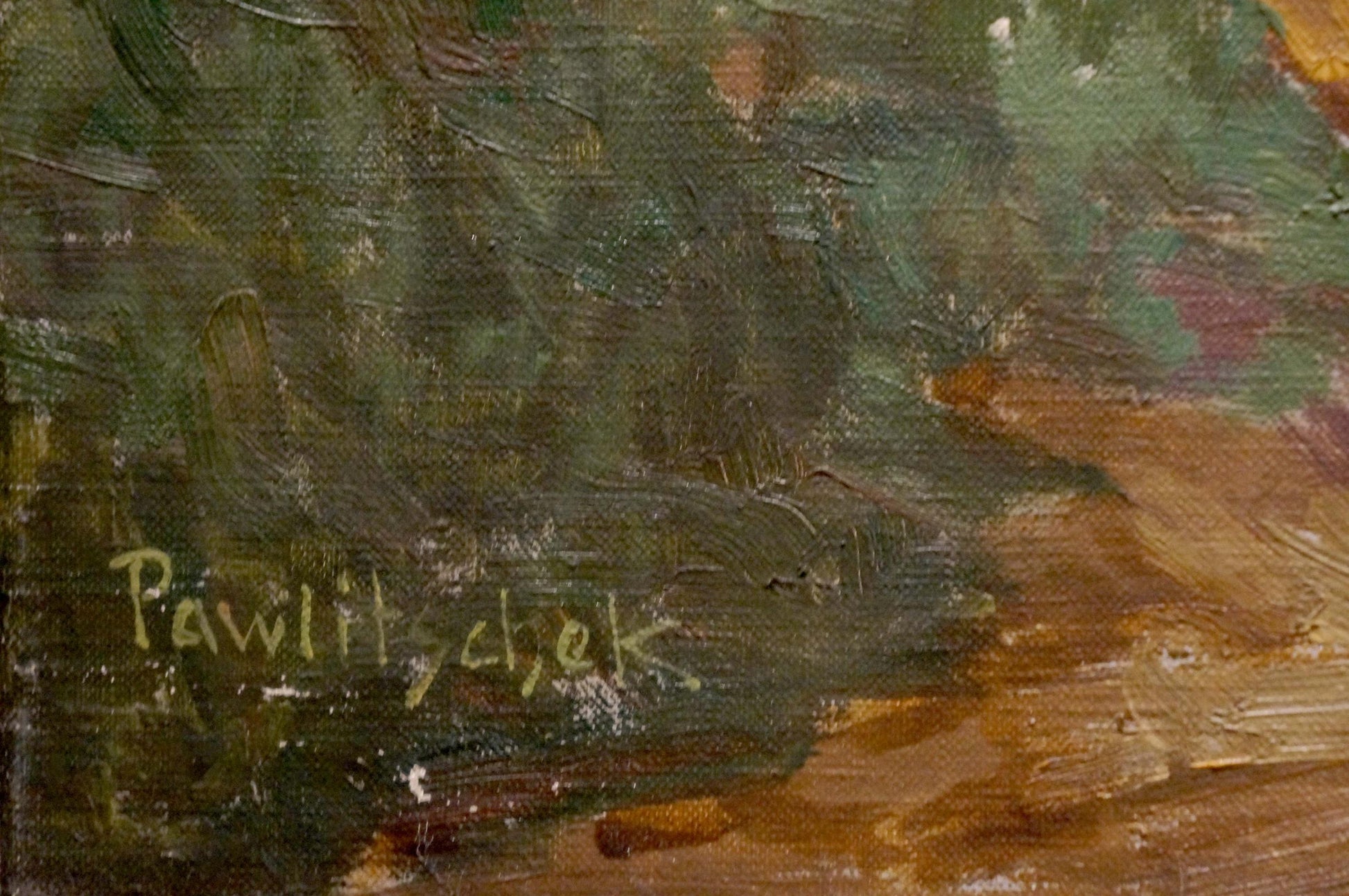 Textured impasto oil painting of Pawlitschek village landscape in greens and browns