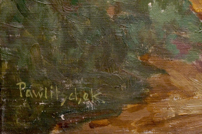 Textured impasto oil painting of Pawlitschek village landscape in greens and browns