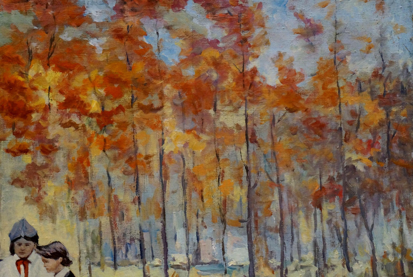 Oil painting In the park: autumn trees with orange yellow leaves blue sky