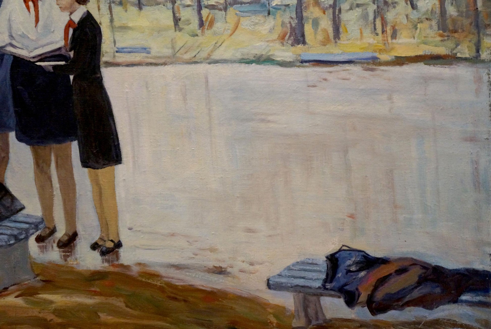 Oil painting In the park: dark blue and brown jacket on wooden bench