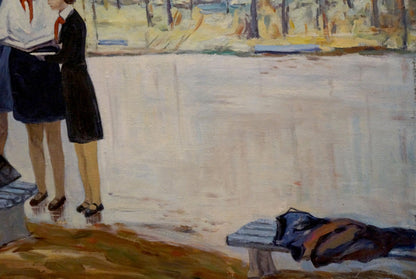 Oil painting In the park: dark blue and brown jacket on wooden bench