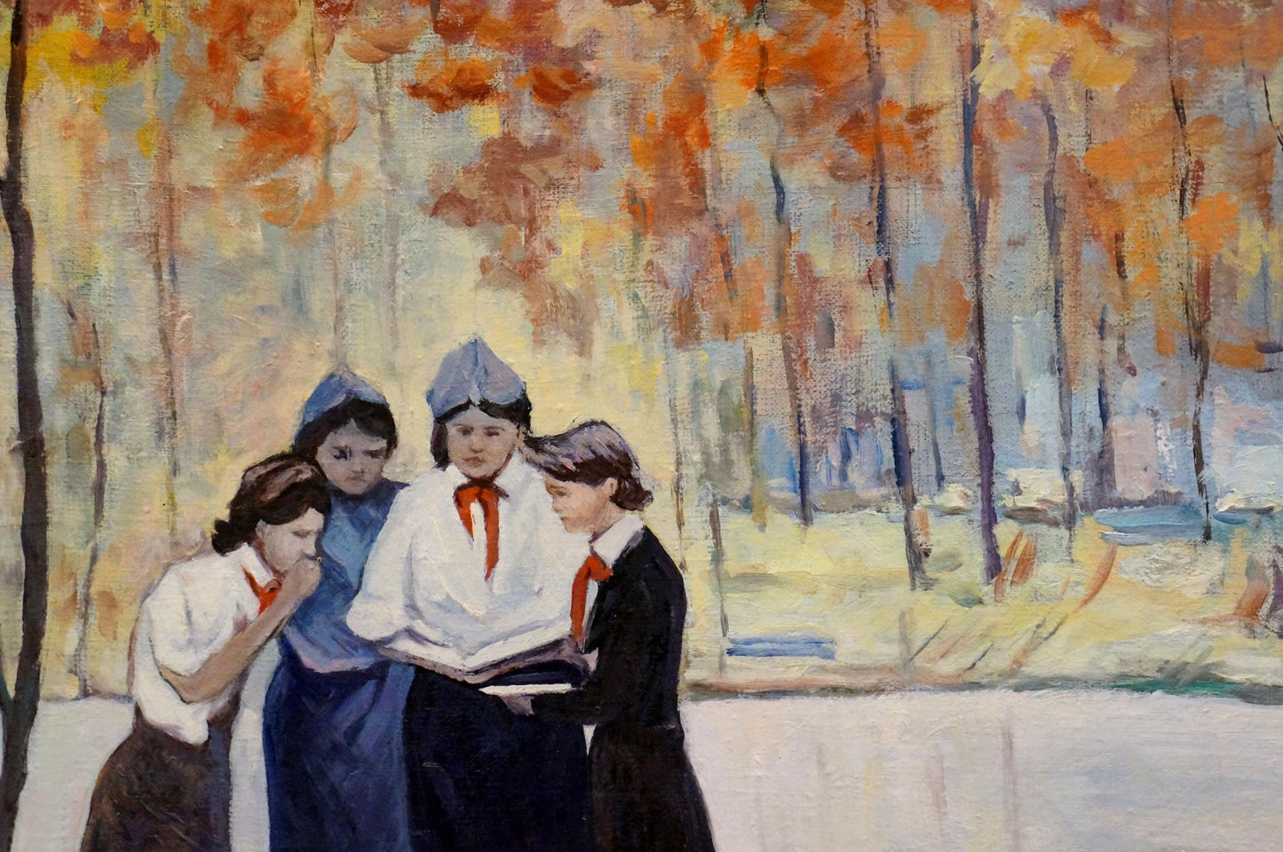 Oil painting In the park: four girls in autumn attire outdoors