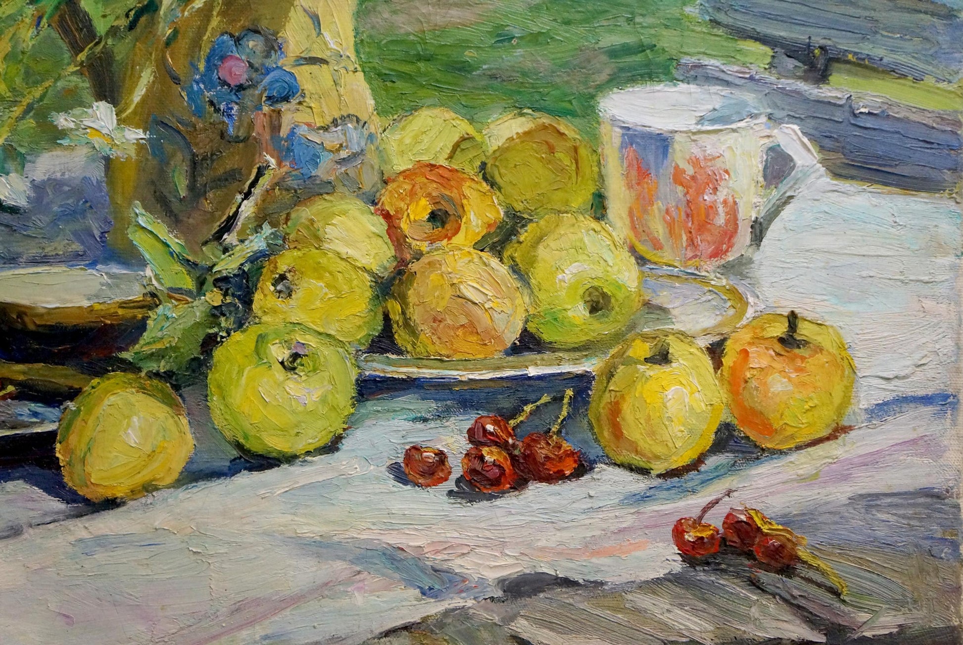 Oil painting by Sokolova Zinaida Ivanovna of yellow-green apples, red cherries, and floral vase