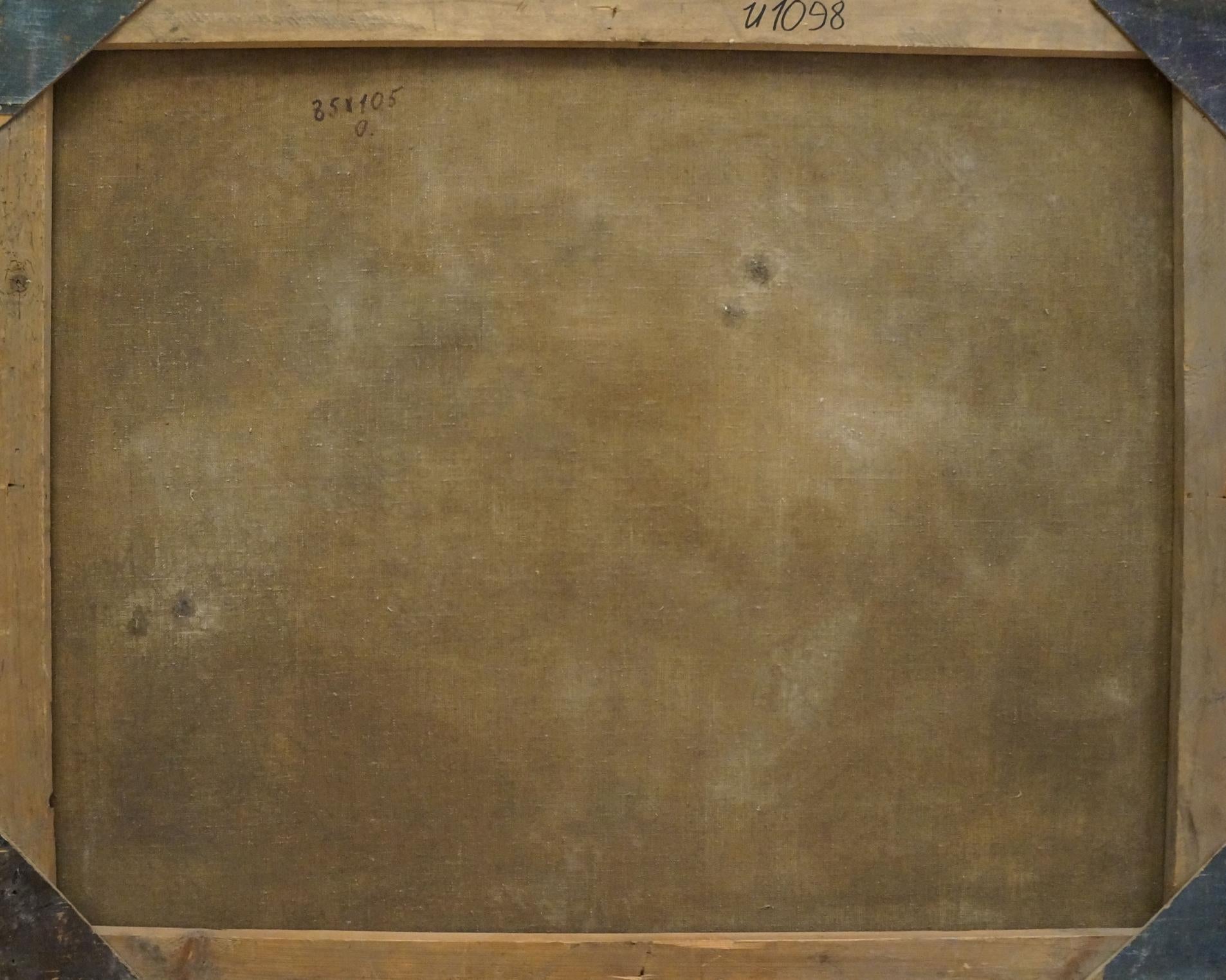 Back of Oil painting In the park framed with weathered beige canvas and wood frame
