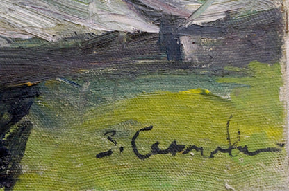 Back of oil painting Sokolova Zinaida Ivanovna Flowers and fruits textured green canvas with black signature