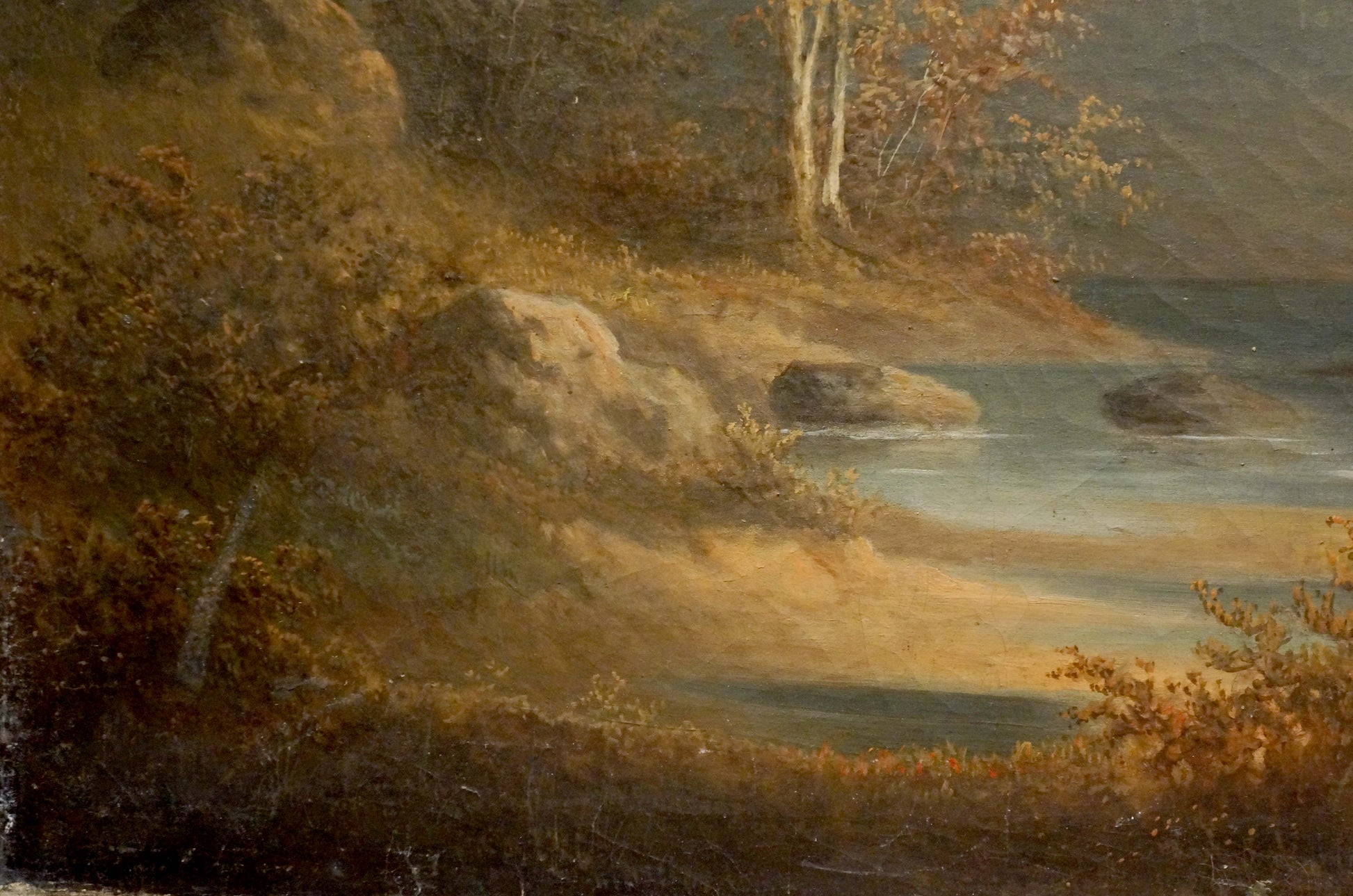 Serene autumn lake oil painting with house in golden forest