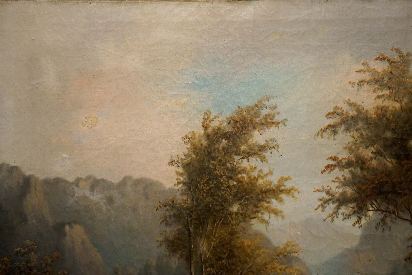 Impressionistic oil painting of misty mountains, autumn trees, and forest house