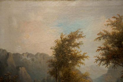 Impressionistic oil painting of misty mountains, autumn trees, and forest house