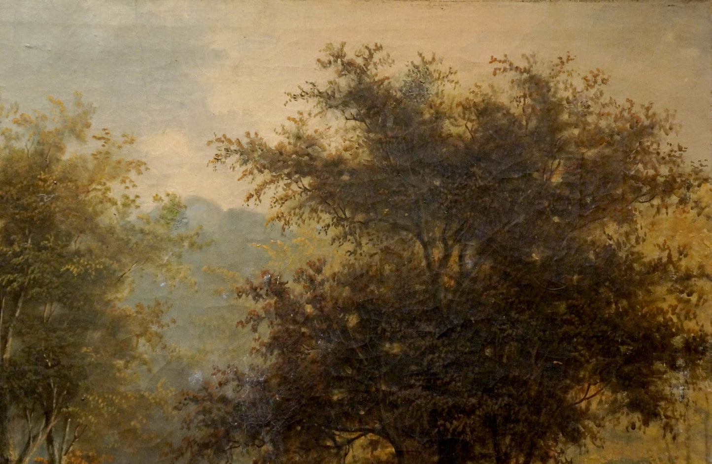 Classical oil painting of house in dense forest, earthy greens and hazy sky