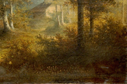 Oil painting of rustic house in thick forest among tall trees
