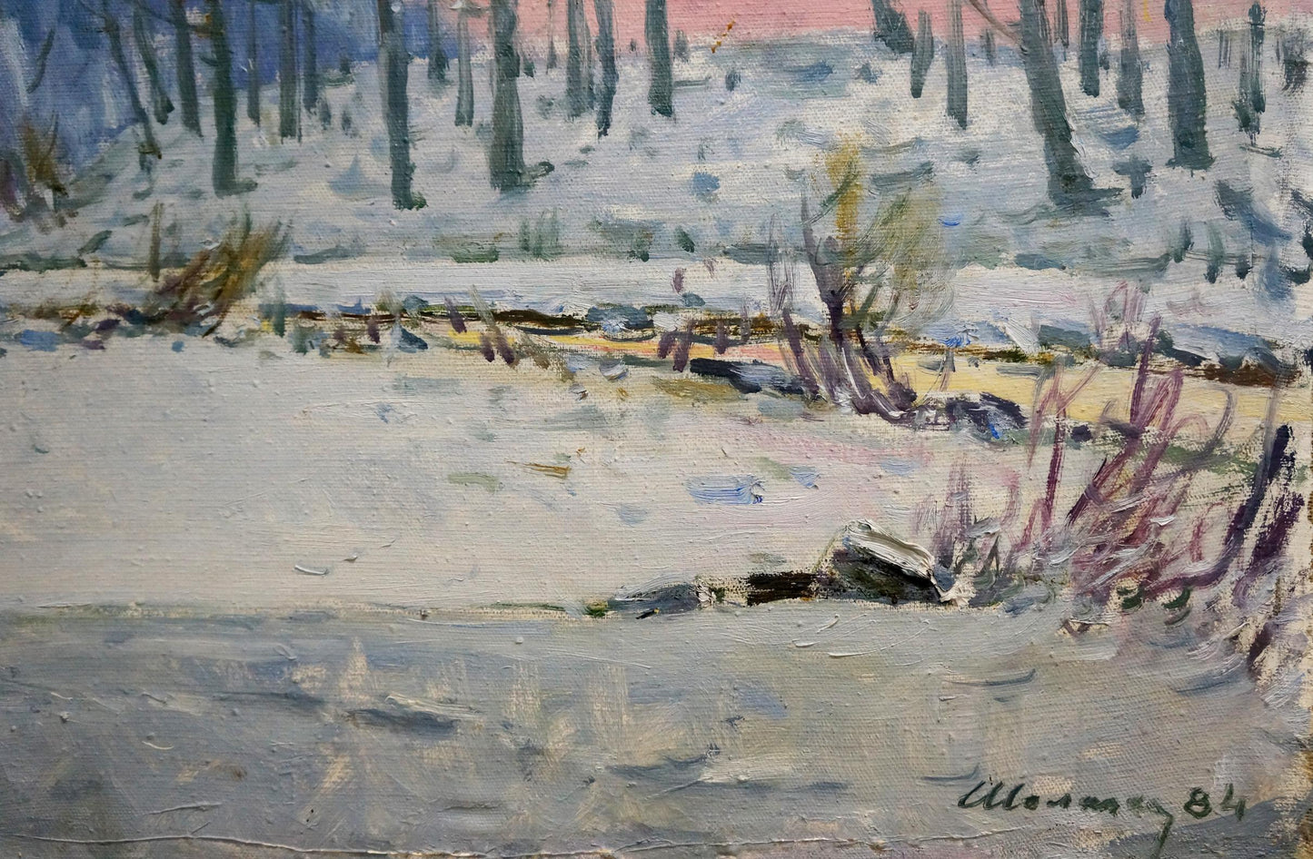 Oil painting of snow-covered impressionistic forest by Shelyuto Nikolay Andreevich, 1981