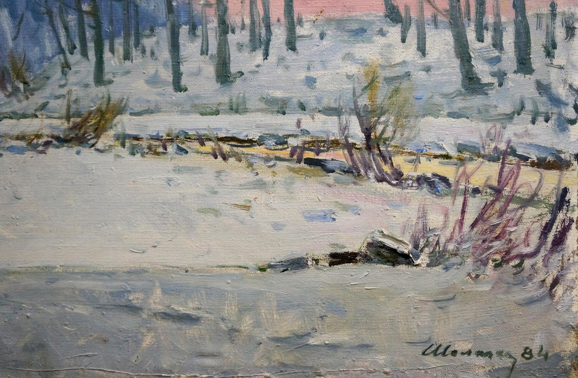 Oil painting of snow-covered impressionistic forest by Shelyuto Nikolay Andreevich, 1981