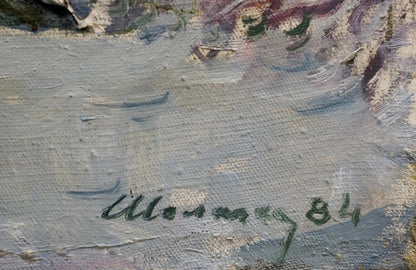 Signed 1984 oil painting by Illona on back of Winter landscape by Shelyuto Nikolay Andreevich