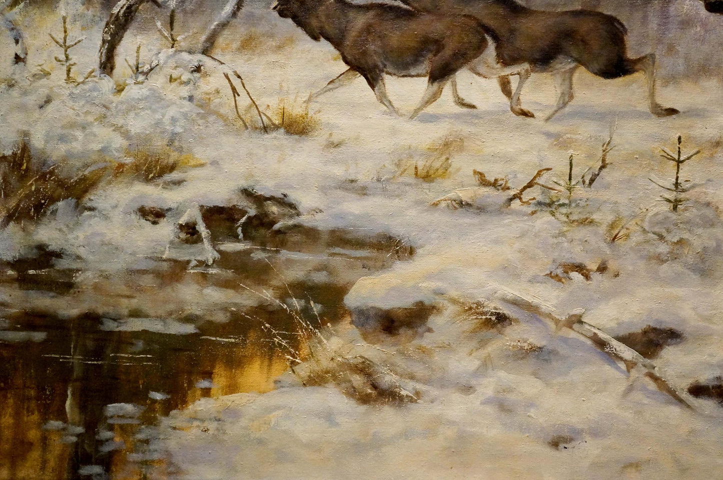 Oil painting of elks running through snowy forest landscape