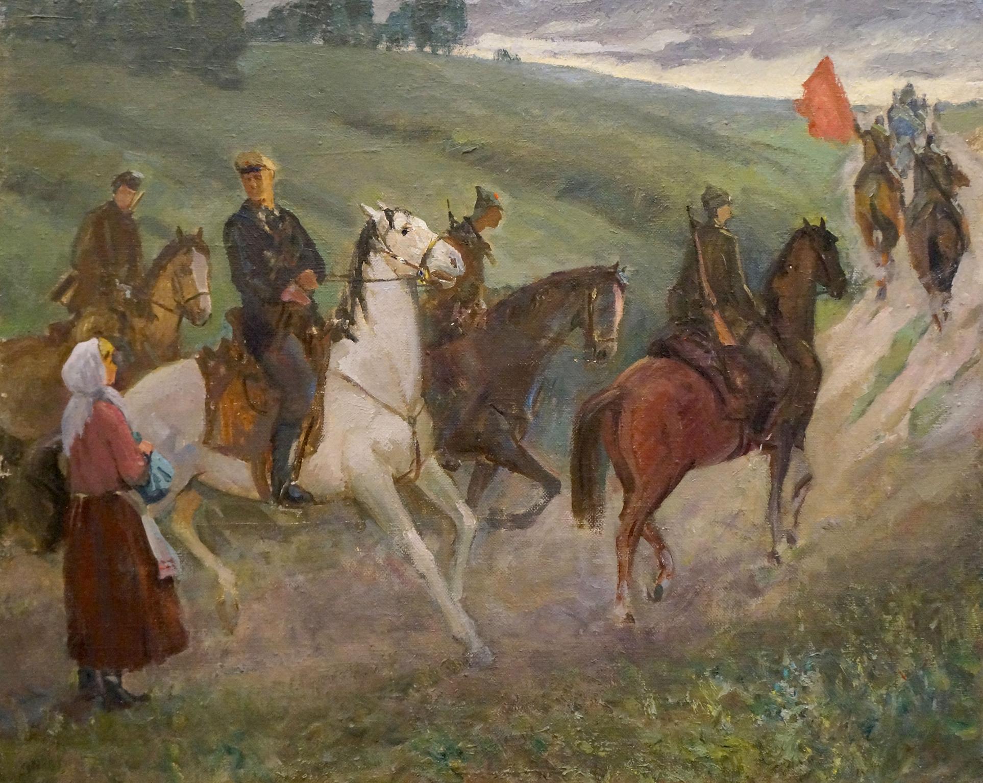 Oil painting The soldiers by Sharapenko V.A. - mounted troops on green hills