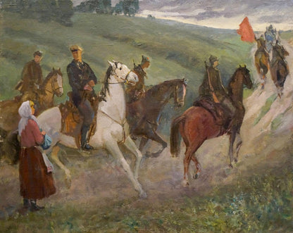 Oil painting The soldiers by Sharapenko V.A. - mounted troops on green hills
