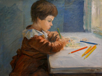 Oil painting portrait of schoolboy in brown jacket coloring intently