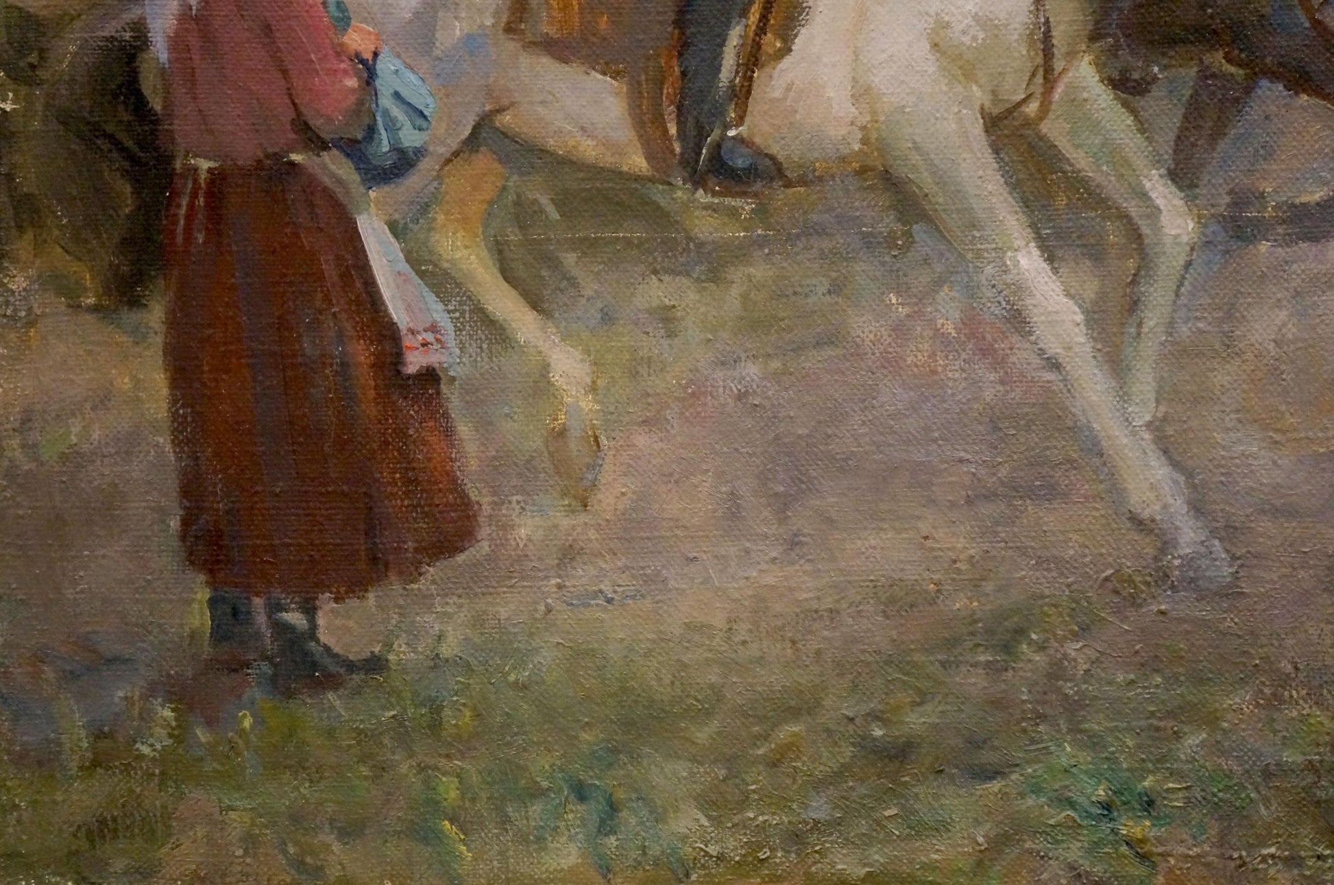 Oil painting by Sharapenko V.A.: woman in red blouse beside white horse