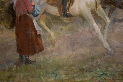 Oil painting by Sharapenko V.A.: woman in red blouse beside white horse