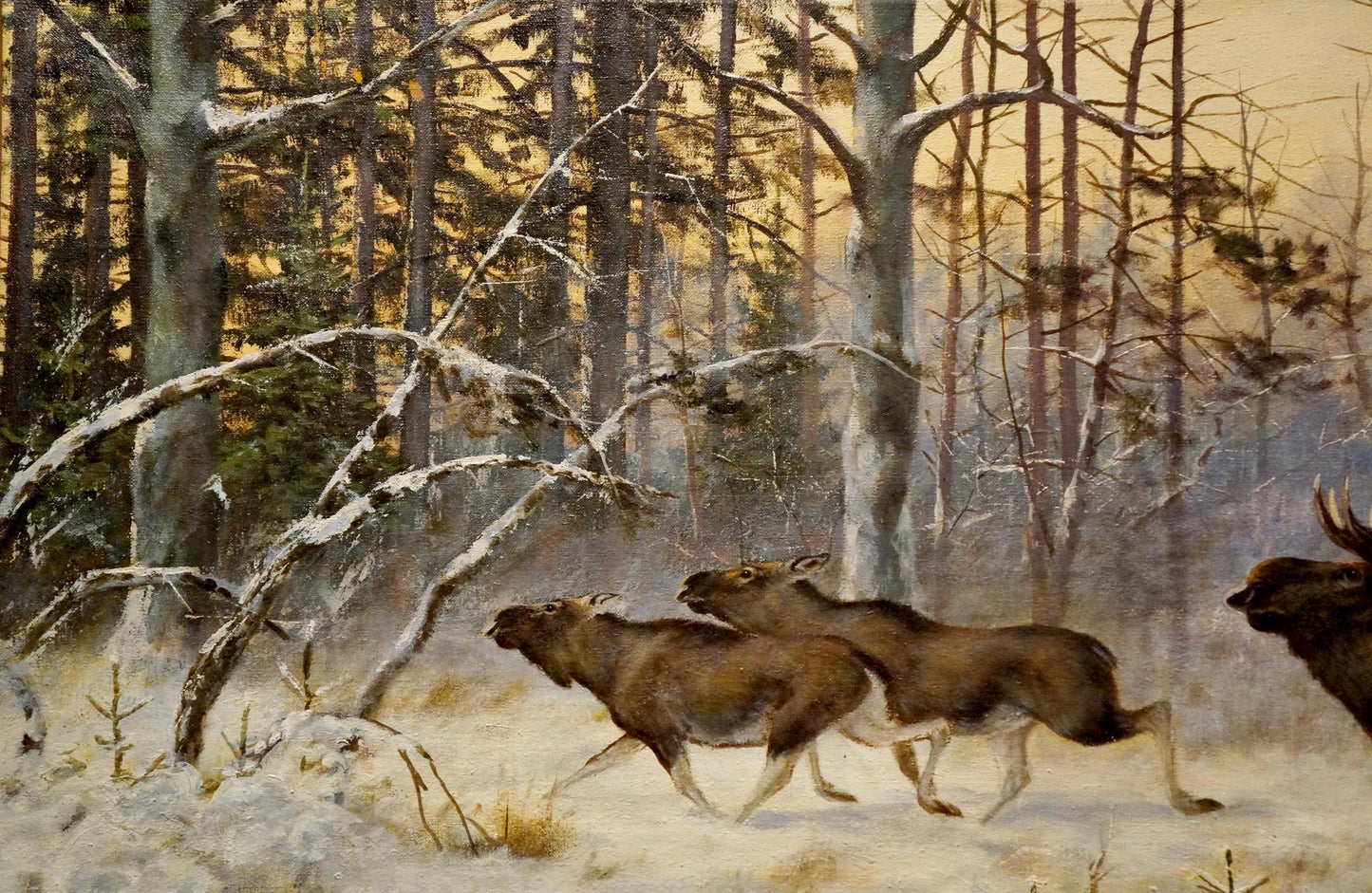 Oil painting of elks running through snowy forest