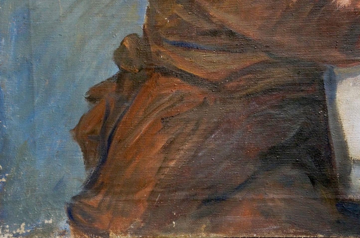 Oil painting portrait of schoolboy in draped brown garment on blue background