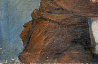 Oil painting portrait of schoolboy in draped brown garment on blue background