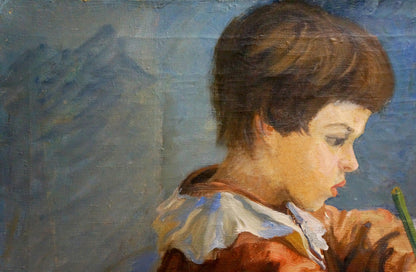Oil painting portrait of schoolboy with brown hair and orange garment