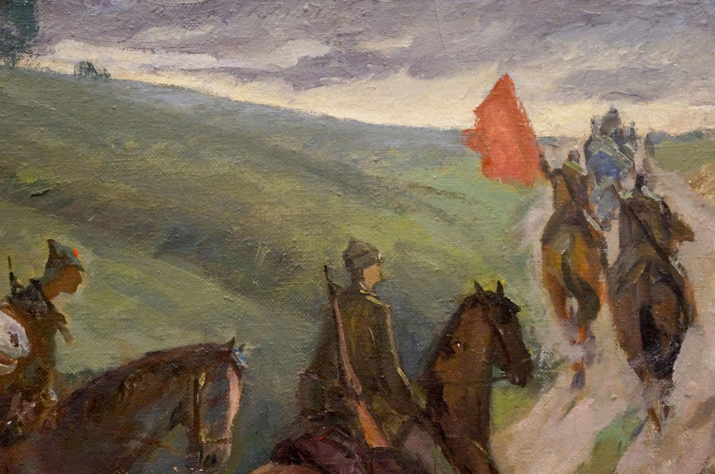 Vibrant red flag above mounted soldiers in Sharapenko V.A. oil painting