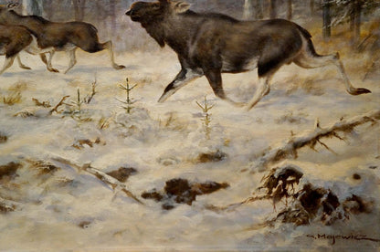 Impressionistic oil painting of dark brown moose with white legs running in snowy forest